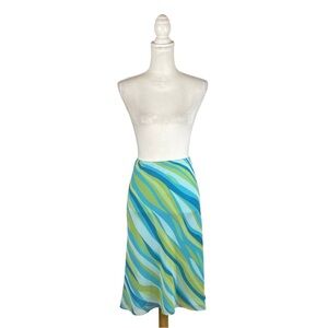 Apostrophe Blue Green Tan Abstract Print A-Line Y2K Knee Length Skirt Low Rise
